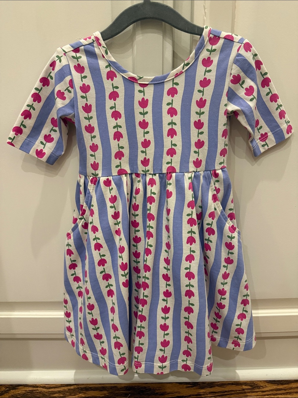 Hanna Andersson Blue & Pink Flower Stripes Elbow Length Sleeve Skater Dress